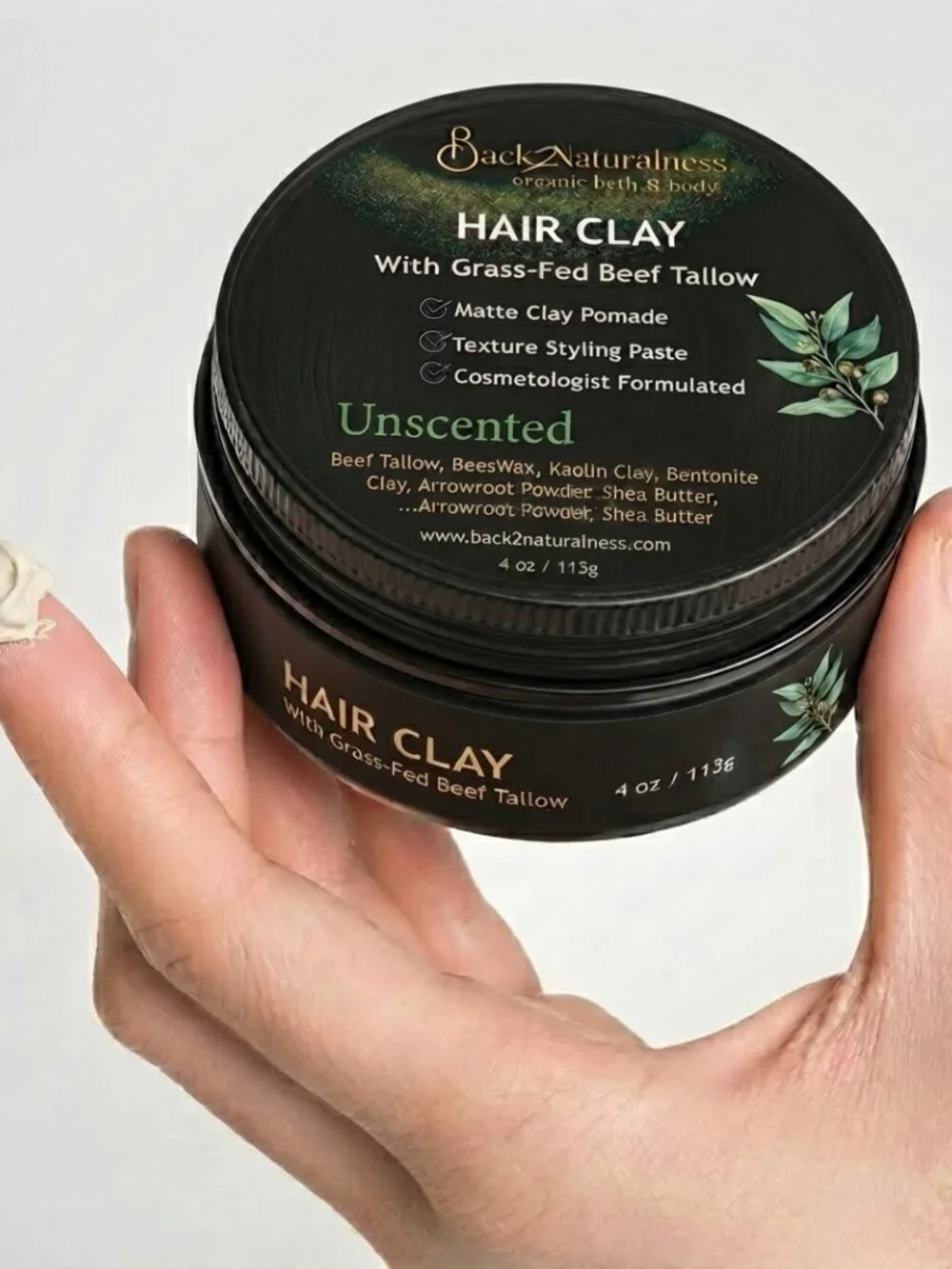 Back2Naturalness Tallow Hair Clay for Men • Matte Finish • Firm Hold • 4oz Jar